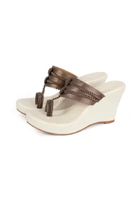 Copper Brown Vegan Leather Kolhapuri Wedges image 2