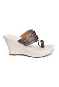 Copper Brown Vegan Leather Kolhapuri Wedges image 4