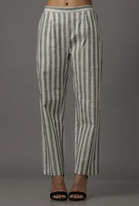 Green and White Stripes Pure Woven Cotton Pants image 1