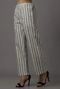 Green and White Stripes Pure Woven Cotton Pants image 2