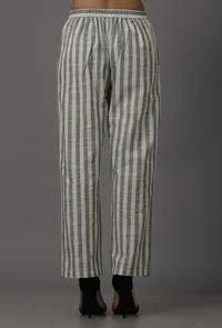 Green and White Stripes Pure Woven Cotton Pants image 3