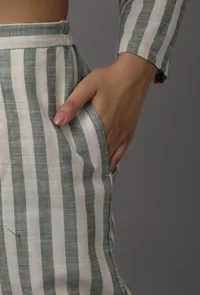 Green and White Stripes Pure Woven Cotton Pants image 4