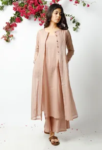 Set of 3: Light Beige Kota Doriya Overlay with Slip and Cotton pallazo image 1