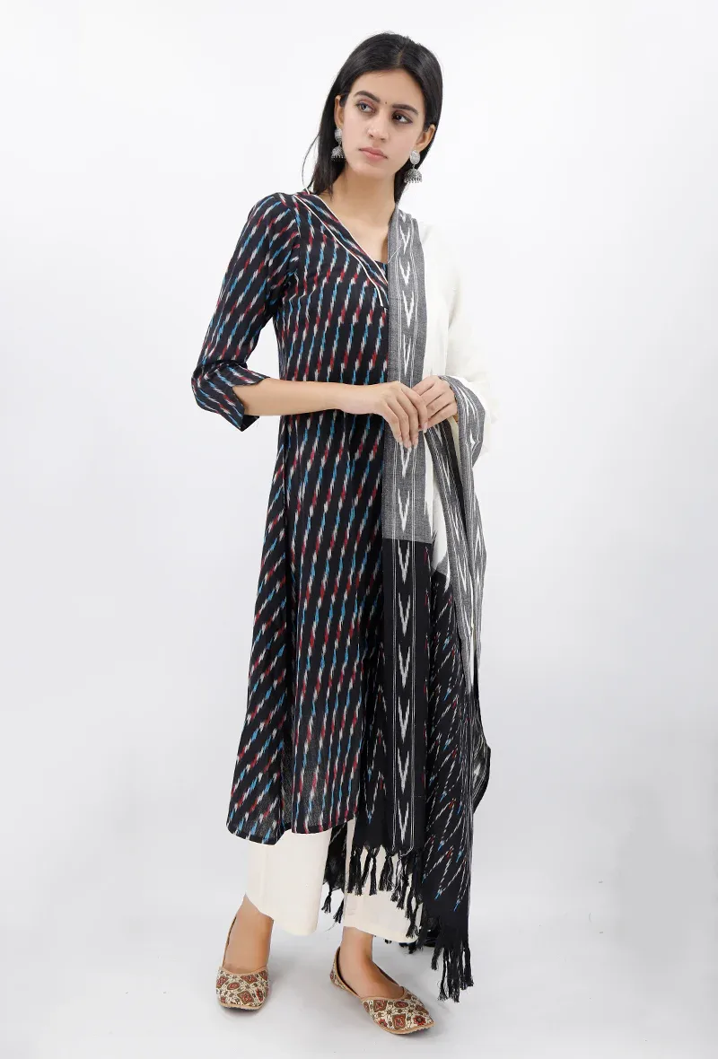 Black Ikat Kurta, Dupatta And Pants