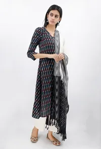 Black Ikat Kurta, Dupatta And Pants image 1