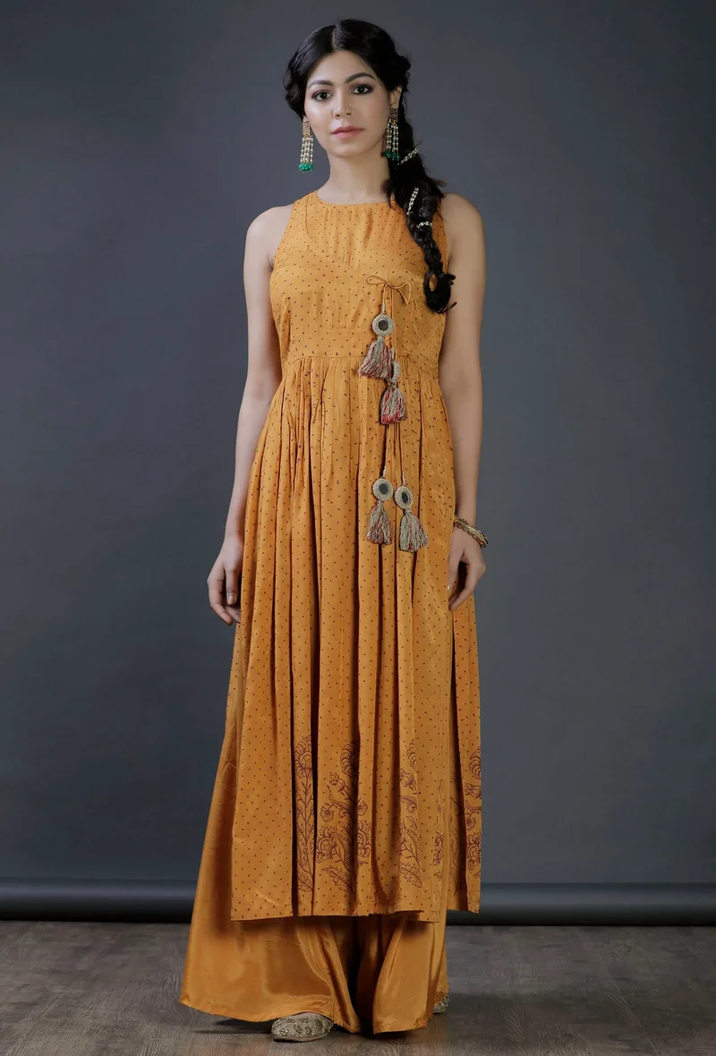 Mustard Yellow Modal Viscose  block printed , tasseled Kurta