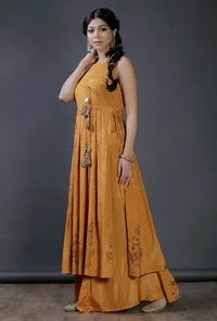 Mustard Yellow Modal Viscose  block printed , tasseled Kurta image 2