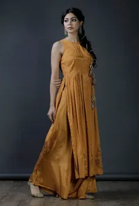 Mustard Yellow Modal Viscose  block printed , tasseled Kurta image 3