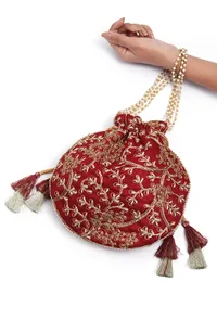 Ruby Maroon Embroidered Silk Potli image 1