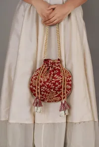 Ruby Maroon Embroidered Silk Potli image 2