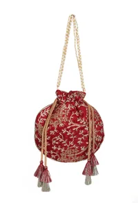 Ruby Maroon Embroidered Silk Potli image 3