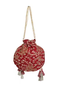 Ruby Maroon Embroidered Silk Potli image 5