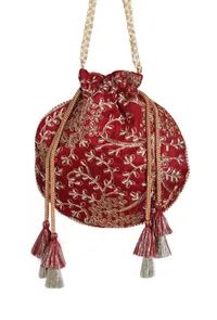 Ruby Maroon Embroidered Silk Potli image 6