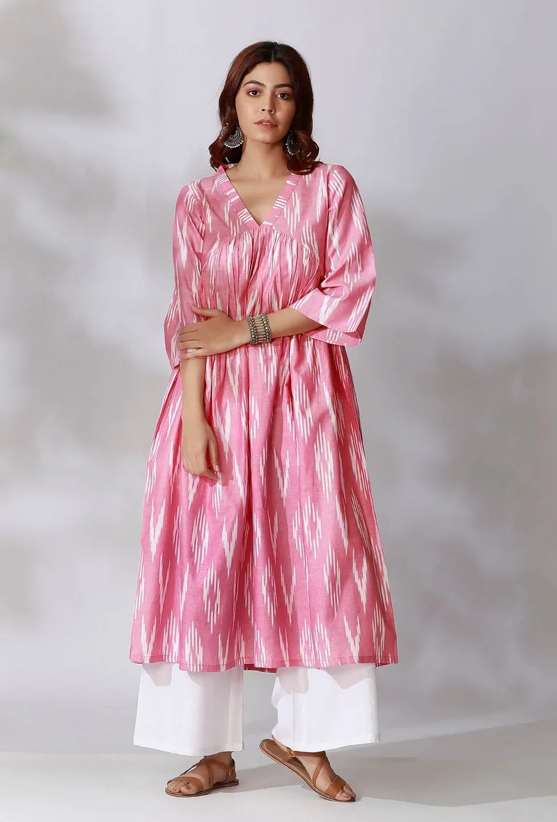 Pink Gathered Ikkat Flared Kurta