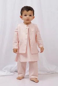 Set of 3: Orange  Striped Cotton Kurta and Pajama  with Orange  Striped Nehru Jacket image 1