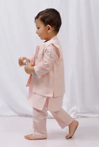 Set of 3: Orange  Striped Cotton Kurta and Pajama  with Orange  Striped Nehru Jacket image 2