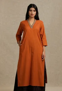 Orange Rust Kurta With Embroidery Details in Neckline image 1