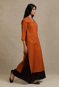 Orange Rust Kurta With Embroidery Details in Neckline image 2