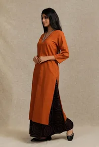 Orange Rust Kurta With Embroidery Details in Neckline image 3