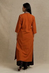 Orange Rust Kurta With Embroidery Details in Neckline image 4