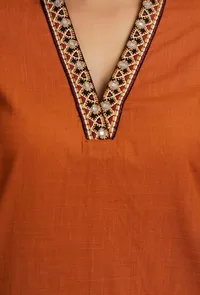 Orange Rust Kurta With Embroidery Details in Neckline image 5