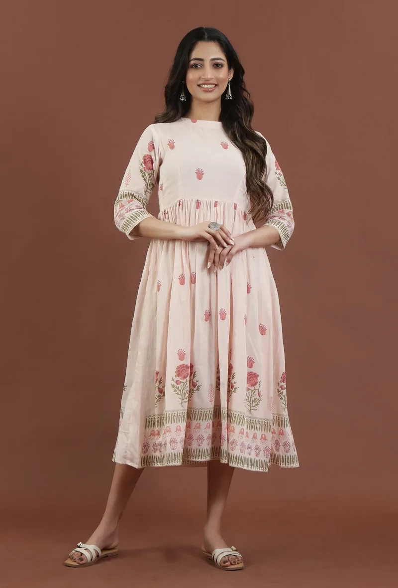 Blush Pink Floral Printed Gathered Midi Dress