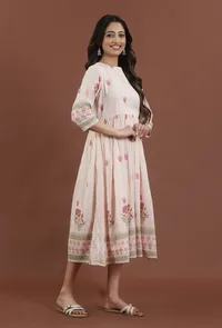Blush Pink Floral Printed Gathered Midi Dress image 2