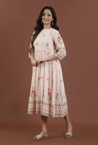 Blush Pink Floral Printed Gathered Midi Dress image 3