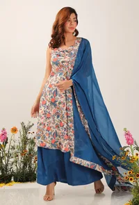 Set Of 3: Bella Floral Chintz Cowl Neck Kurta Dress With Organza Pallazo Pants & Organza Dupatta image 1