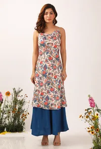 Set Of 3: Bella Floral Chintz Cowl Neck Kurta Dress With Organza Pallazo Pants & Organza Dupatta image 2