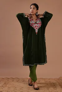 Olive Green Woolen Ari Embroidered Phiran- Free Size image 1
