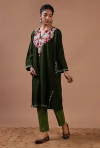Olive Green Woolen Ari Embroidered Phiran- Free Size image 2