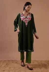 Olive Green Woolen Ari Embroidered Phiran- Free Size image 3