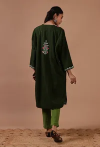 Olive Green Woolen Ari Embroidered Phiran- Free Size image 4