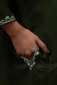 Olive Green Woolen Ari Embroidered Phiran- Free Size image 6