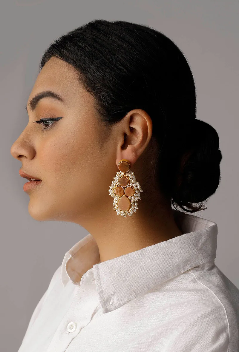 Coral Orange Gold Stone Pearl Earrings