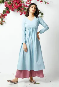 Set of 2: The Angellic Baby Blue Cotton Kurta Matched with Violet Cotton Palazzos image 1