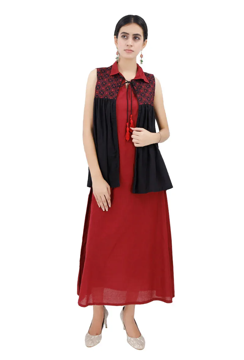 Set of 2: Sleeveless Cape With Maroon Kantha Embroidery &  Maxi Dress