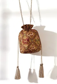 Chhaya Golden & Multi Silk Patola Print Potli With Tassels image 2