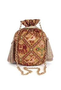 Chhaya Golden & Multi Silk Patola Print Potli With Tassels image 3