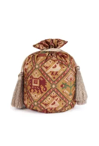 Chhaya Golden & Multi Silk Patola Print Potli With Tassels image 4