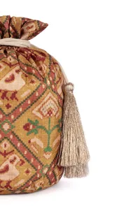 Chhaya Golden & Multi Silk Patola Print Potli With Tassels image 5