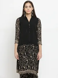 Black Parsi Half Embroidered Shirt With Front Slit image 2