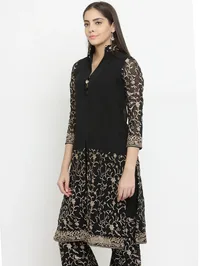 Black Parsi Half Embroidered Shirt With Front Slit image 4