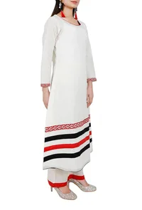 Red Toda Embroidery Pure Cotton Long Kurta image 3