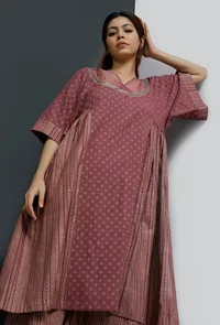 Set of 2: Plum Side Gather Hand-Block Printed Kurta With Stripe Pants image 1