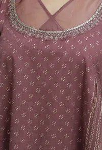 Set of 2: Plum Side Gather Hand-Block Printed Kurta With Stripe Pants image 5