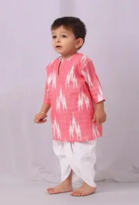 Set of 2: Pink Ikat Kurta with white Dhoti Pants image 1