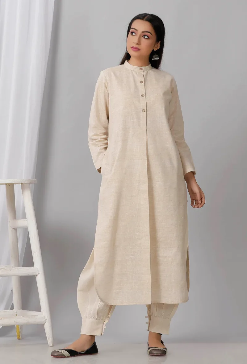 Set of 2: Cream Cotton Khadi Kurta With Dhoti Salwar