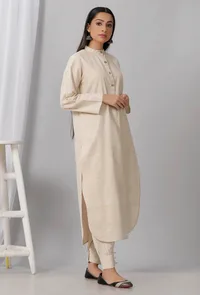 Set of 2: Cream Cotton Khadi Kurta With Dhoti Salwar image 2